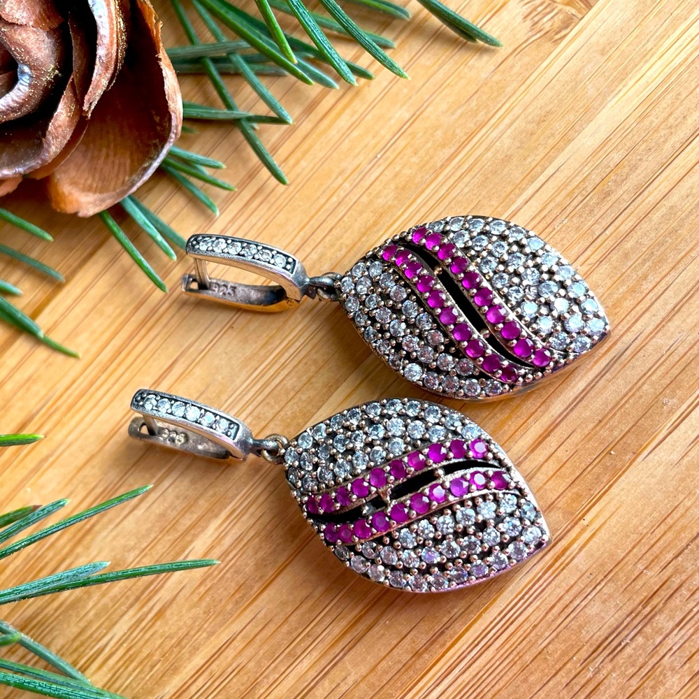 925 Sterling Silver, Ruby & Topaz, Drop Earrings - Picture 2 of 8